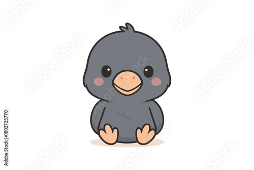 Adorable kawaii baby bird cartoon with round cheeks in soft pastel style on white background