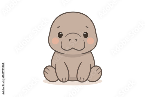 Cute cartoon baby manatee with adorable expression on white background