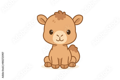Cute cartoon baby camel sitting adorably on white background
