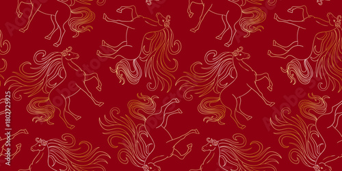 seamless chinese new year horse pattern gold red luxury oriental background zodiac animal symbol wealth prosperity holiday festival celebration asian texture