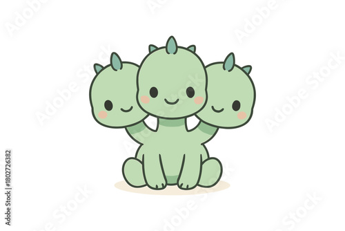 Adorable three-headed dinosaur cartoon in pastel colors with smiling faces
