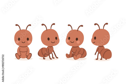 Cute cartoon ants in various poses with smiling faces on white background
