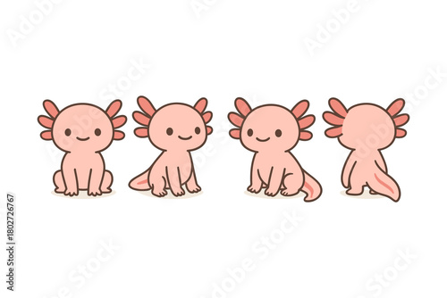 Cute axolotl character in various poses on white background