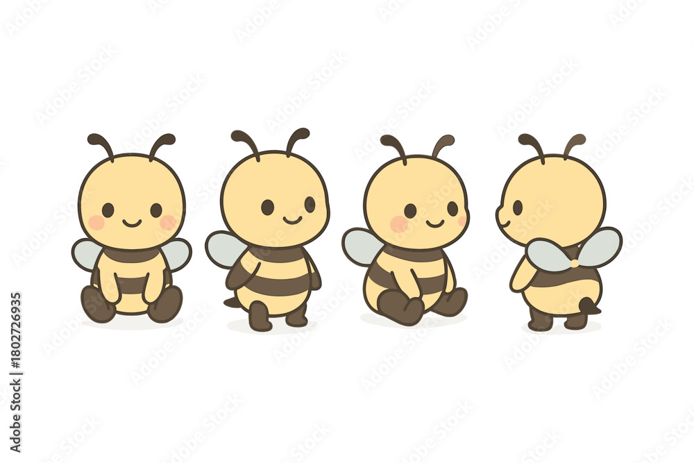 Naklejka premium Cute cartoon bees in various poses with adorable expressions