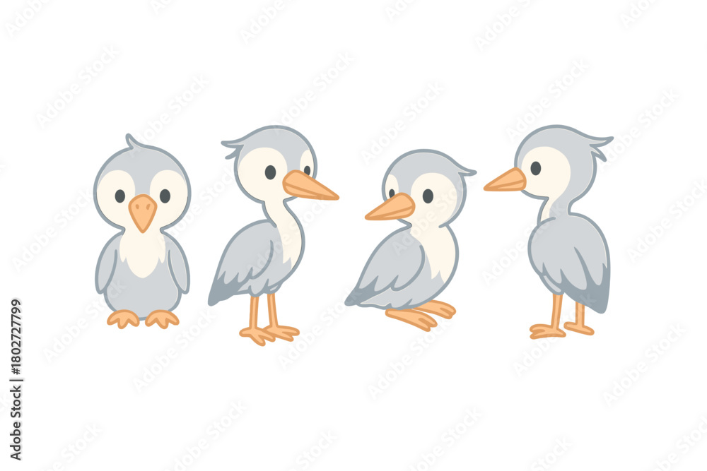 Obraz premium Cute cartoon birds set with different poses and expressions on white background