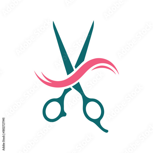 A professional and modern logo illustration featuring crossed teal scissors behind a flowing pink wavy strand of hair symbolizing a salon