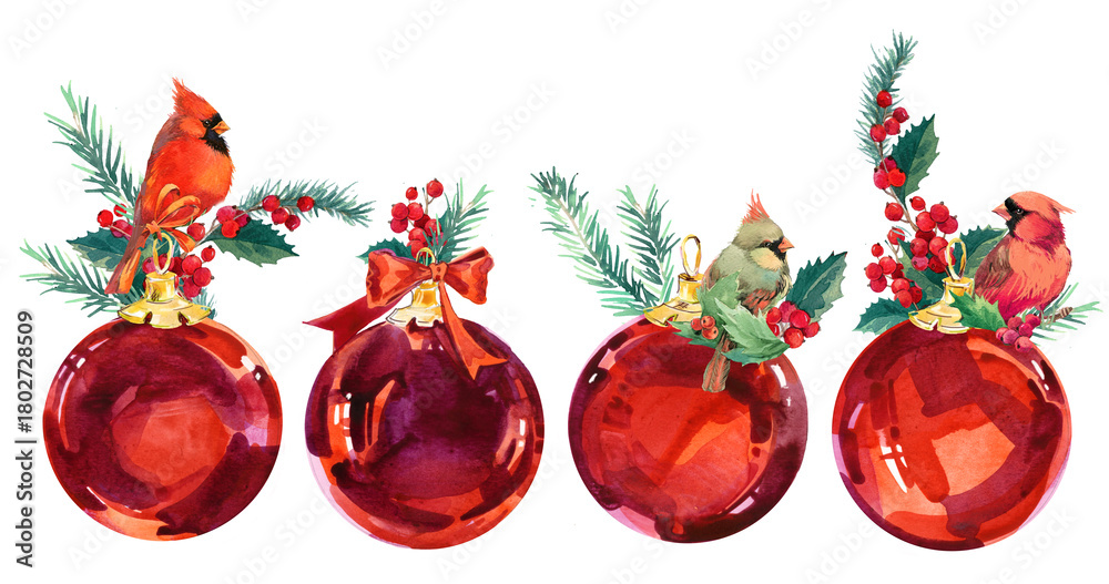 Φωτογραφία Four red watercolor Christmas balls adorned with perched Cardinal birds, festive pine sprigs, and holly berries