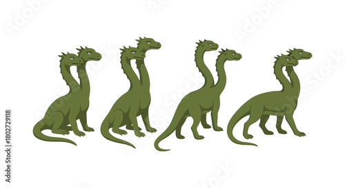 Cartoon hydra with multiple heads in a flat design style