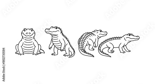 Set of cartoon crocodile outlines in various poses for kids' coloring pages