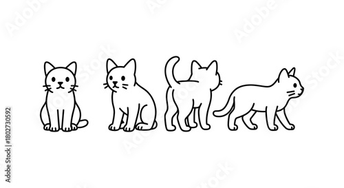 Cute cat silhouettes facing different directions in simple black linear style