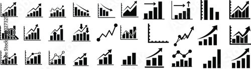 Collection of black and white bar and line graph icons