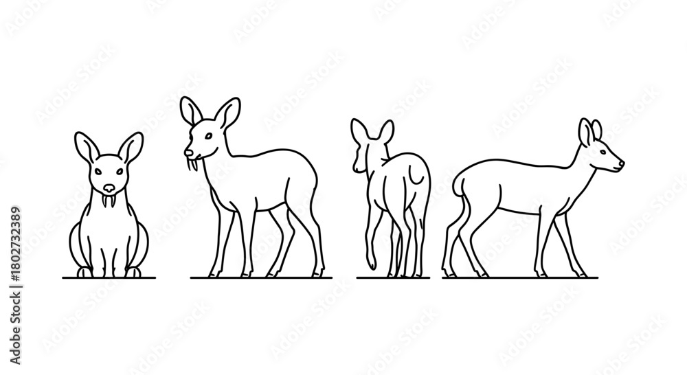 Naklejka premium Minimalist animal silhouettes in line art style: deer perspectives