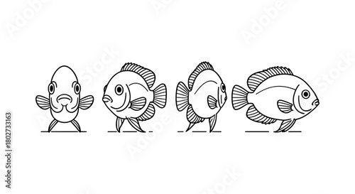 Linear cartoon fish walking sequence on white background