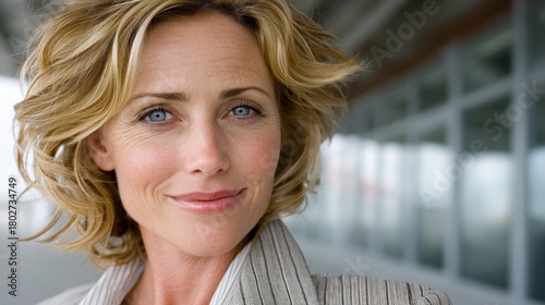 Free Download A woman with light hair and blue eyes smiles gently at the camera indoors - GFXLoad