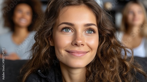 Woman with curly hair is smiling and watching something with friends in a casual setting