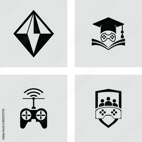 Set of gaming and education icons minimalist flat vector design isolated on white background