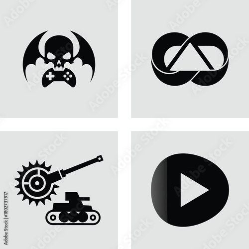 Set of four abstract logo designs black vector emblems for gaming technology and media companies isolated on a light gray background