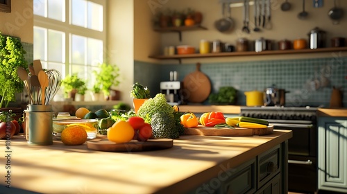 Fototapeta Naklejka Na Ścianę i Meble -  Sunlit kitchen counter filled with fresh fruits and vegetables