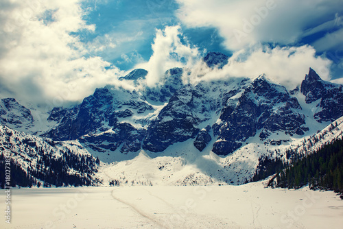 Fototapeta Naklejka Na Ścianę i Meble -  Frozen Lake Morskie Oko or Sea Eye Lake in Poland at Winter.