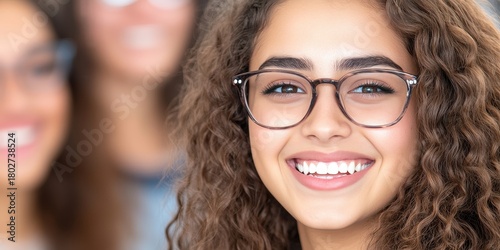 A girl smiles brightly, wearing glasses. Others are blurred behind her