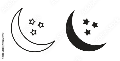 Moon stars icon flat vector illustration. Black Thin Line Icon Emblem Concept