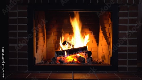 Realistic video of a crackling fire in a rustic brick fireplace, glowing embers, flickering flames, soft shadows on surrounding bricks, cozy evening ambiance. AI generated.
