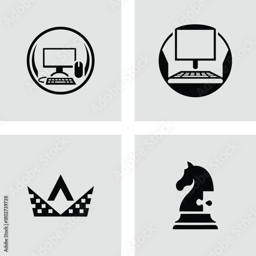 Set of four minimalist icons featuring a computer crown and chess knight simple flat vector design element isolated on white background