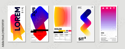 A collection of five modern, abstract poster designs featuring bold typography and vibrant gradients. Each poster showcases unique geometric shapes and color schemes 
