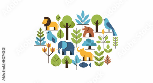Stylized illustration of diverse animals and plants in a natural habitat