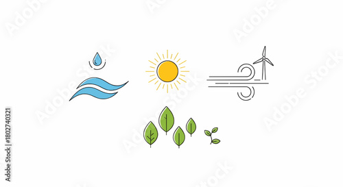 Set of icons representing natural elements and renewable energy sources, isolated on