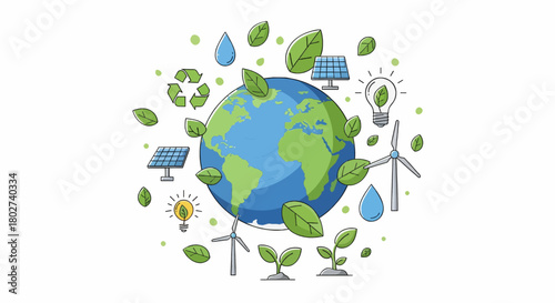 Earth surrounded by renewable energy symbols and green leaves, representing ecofriendly concept