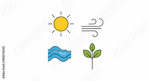 Collection of icons for sun, wind, water, and plant, isolated on