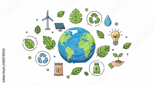 Earth globe surrounded by environmental icons like wind turbine, solar panel, recycle symbol, isolated on