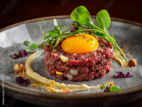 Steak tartare dish with raw egg yolk and greens