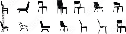 Collection of diverse chair silhouettes in black and white showcasing various styles and designs on a clean white background