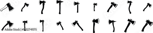 Collection of silhouetted medieval axes and battle axes arranged in two rows against a white background