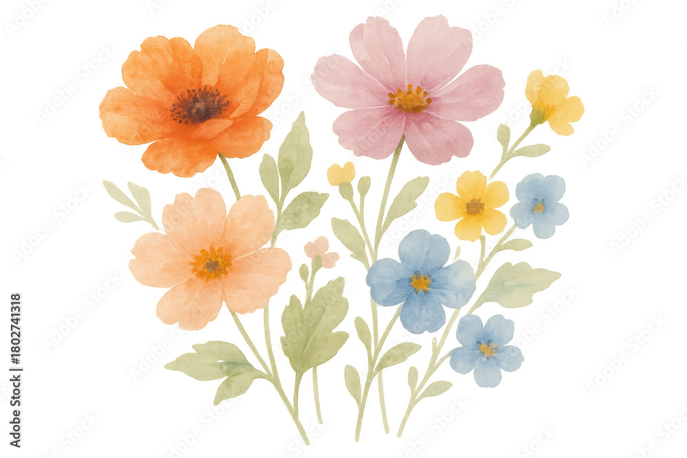 Fototapeta premium Watercolor spring floral bouquet with delicate petals and green leaves, creating a vibrant pattern on transparent background