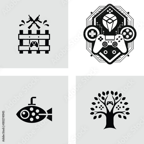 Set of gaming icons vector illustration in black and white design element for game development and app design