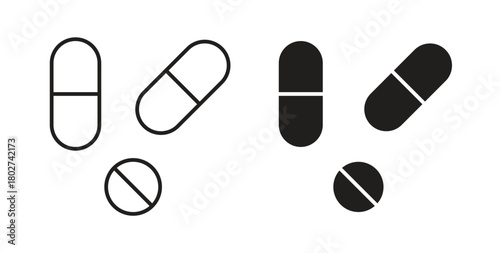 Pill icon flat vector illustration. Black Thin Line Icon Emblem Concept