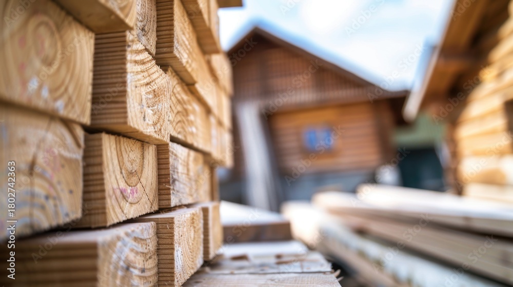 Obraz premium Stacked wooden planks in a construction site with rustic wooden houses in the background. Bright sky enhances the outdoor setting.