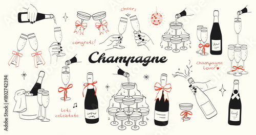 Whimsical coquette champagne bottle glass cheers doodle. Event party celebration with champagne.