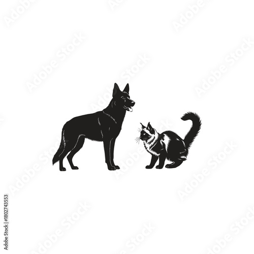 A black german shepherd dog standing next to a black and white cat on a white background illustration