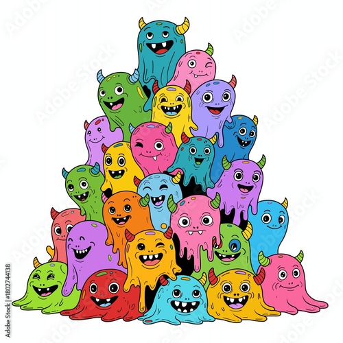 A colorful tower of cheerful cartoon monsters forms a vibrant pyramid, each creature glowing with charm, bright colors, goofy grins, and playful drippy bodies.