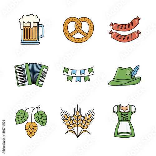 Colorful Line Art Oktoberfest Element Assortment with Traditional Symbols Icon