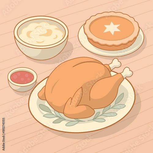 Cartoon Delicious Thanksgiving Dinner Complete Set Illustration with Turkey Pie and Mashed Potatoes