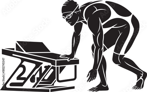 Black and white silhouette of male swimmer preparing to dive from starting block platform