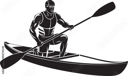 Black and white silhouette of a male kayaker paddling a small boat on water