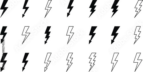 Collection of hand drawn lightning bolt icons and symbols