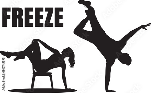 Freeze b-boy and b-girl breakdance silhouettes depicting dynamic hip hop style acrobatic poses