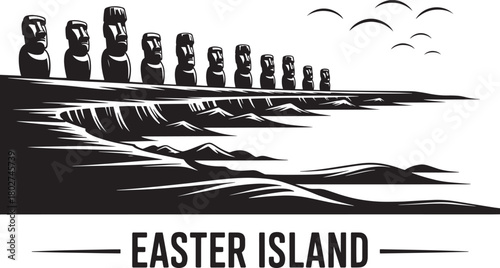 Iconic moai sculptures black silhouette view atop rapa nui island coastline dramatic landscape vector illustration.